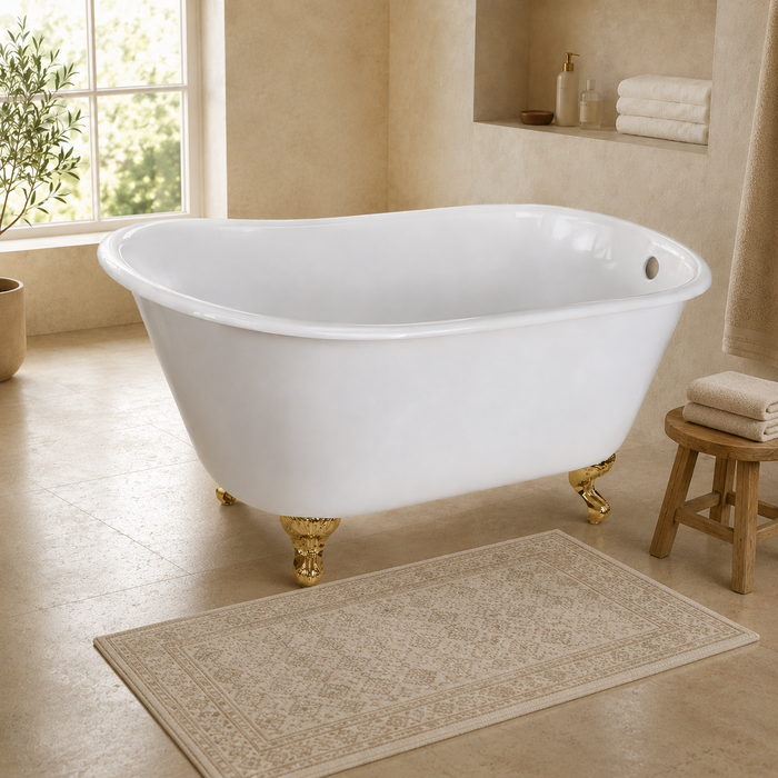 Kingston Heirloom VCTND4828NT7 - Onamia 48-Inch Cast Iron Oval Single Slipper Clawfoot Tub (No Faucet Drillings), White/Brushed Brass