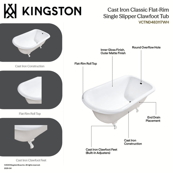 Kingston Heirloom VCTND483117W0 - Aqua Eden 48-Inch Cast Iron Classic Flat-Rim Roll Top Clawfoot Tub (No Faucet Drillings), White/Matte Black