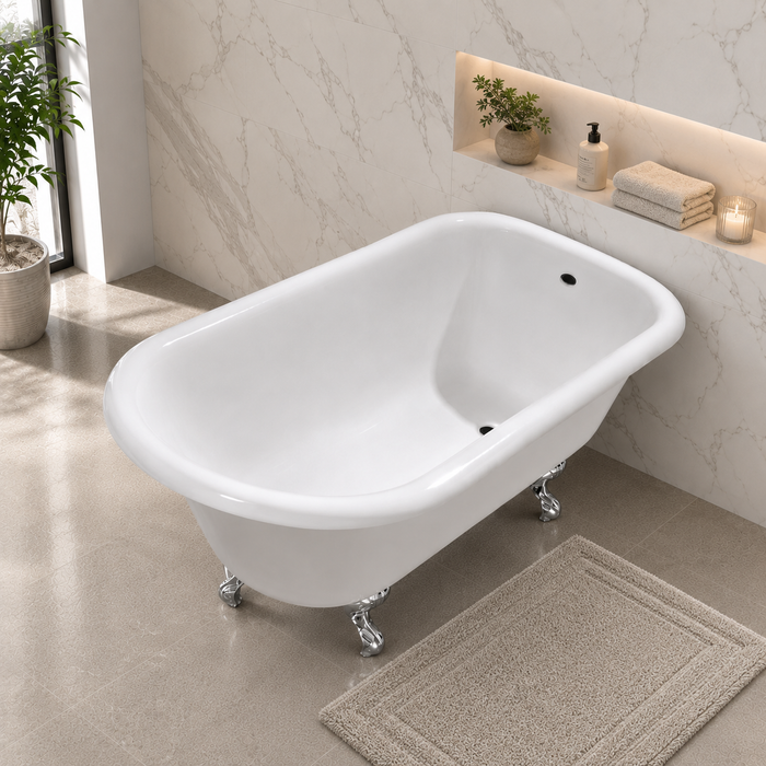 Kingston Heirloom VCTND483117W1 - Aqua Eden 48-Inch Cast Iron Classic Flat-Rim Roll Top Clawfoot Tub (No Faucet Drillings), White/Polished Chrome