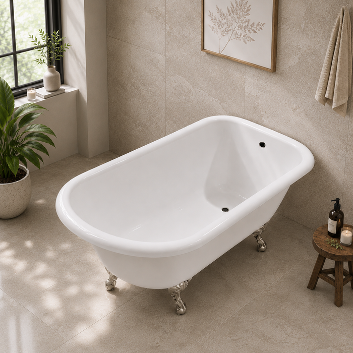 Kingston Heirloom VCTND483117W6 - Aqua Eden 48-Inch Cast Iron Classic Flat-Rim Roll Top Clawfoot Tub (No Faucet Drillings), White/Polished Nickel