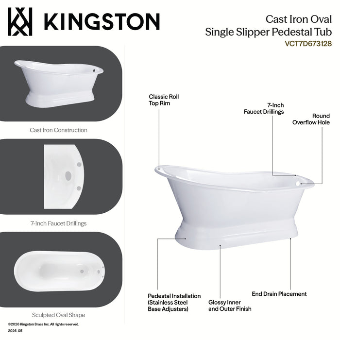 Kingston Heirloom VCTND513029 - Aqua Eden 51-Inch Cast Iron D-Shaped Single Slipper Pedestal Tub (No Faucet Drillings), White
