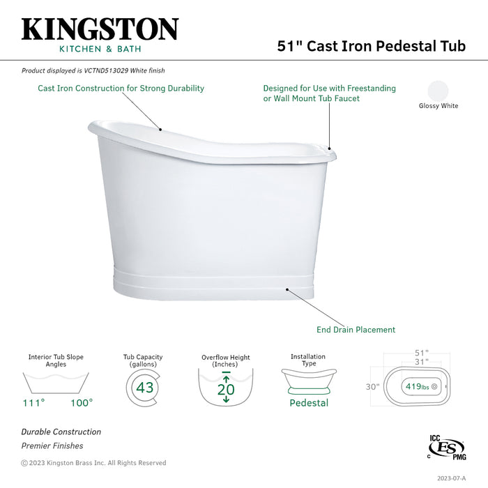 Aqua Eden VCTND513029 51-Inch Single Slipper Cast Iron Skirted Pedestal Tub, White