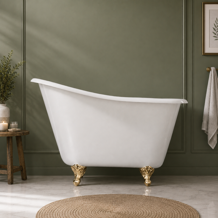 Kingston Heirloom VCTND5130NT2 - Tazatina 51-Inch Cast Iron Classic Flat-Rim Single Slipper Clawfoot Tub (No Faucet Drillings), White/Polished Brass