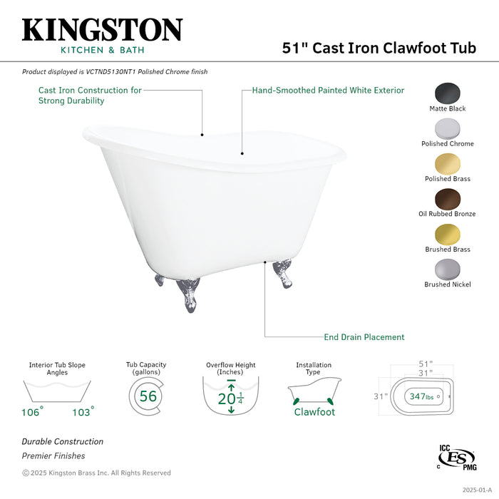 Kingston Heirloom VCTND5130NT2 - Tazatina 51-Inch Cast Iron Classic Flat-Rim Single Slipper Clawfoot Tub (No Faucet Drillings), White/Polished Brass