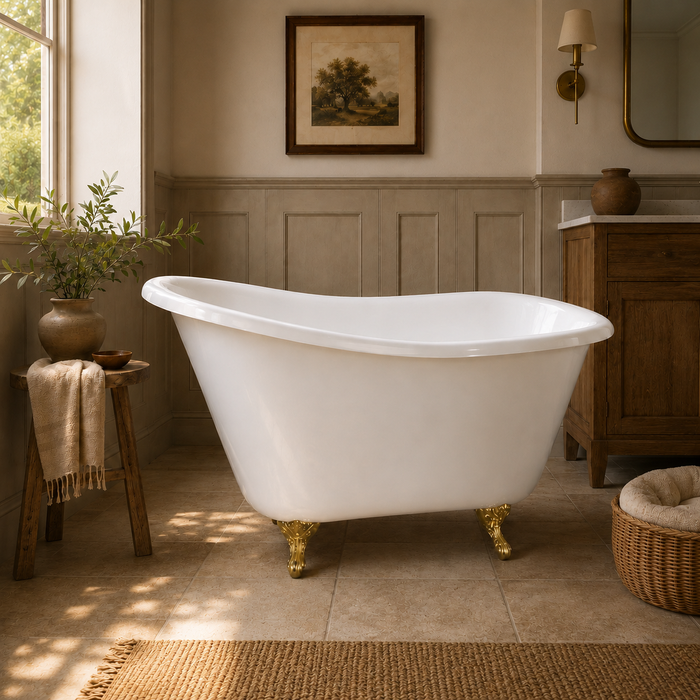 Kingston Heirloom VCTND5130NT7 - Tazatina 51-Inch Cast Iron Classic Flat-Rim Single Slipper Clawfoot Tub (No Faucet Drillings), White/Brushed Brass