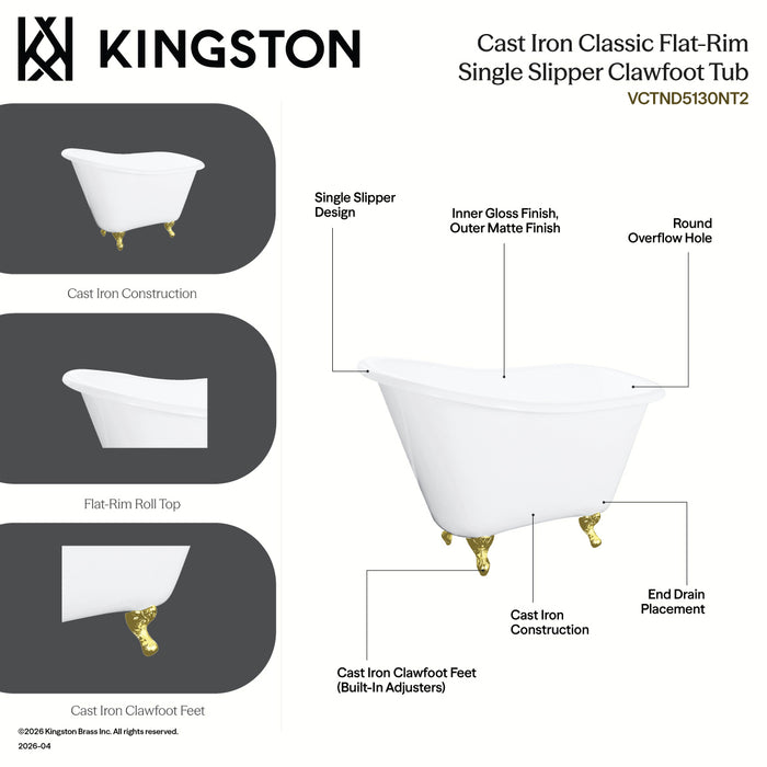 Kingston Heirloom VCTND5130NT7 - Tazatina 51-Inch Cast Iron Classic Flat-Rim Single Slipper Clawfoot Tub (No Faucet Drillings), White/Brushed Brass