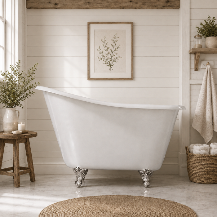 Kingston Heirloom VCTND5130NT8 - Tazatina 51-Inch Cast Iron Classic Flat-Rim Single Slipper Clawfoot Tub (No Faucet Drillings), White/Brushed Nickel