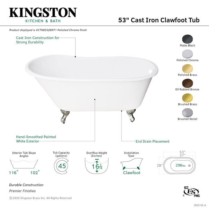 Kingston Heirloom VCTND5328NT2 - Aqua Eden 53-Inch Cast Iron Oval Single Slipper Clawfoot Tub (No Faucet Drillings), White/Polished Brass