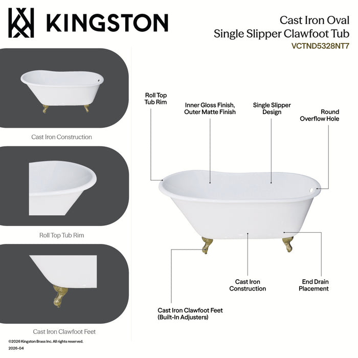 Kingston Heirloom VCTND5328NT7 - Aqua Eden 53-Inch Cast Iron Oval Single Slipper Clawfoot Tub (No Faucet Drillings), White/Brushed Brass