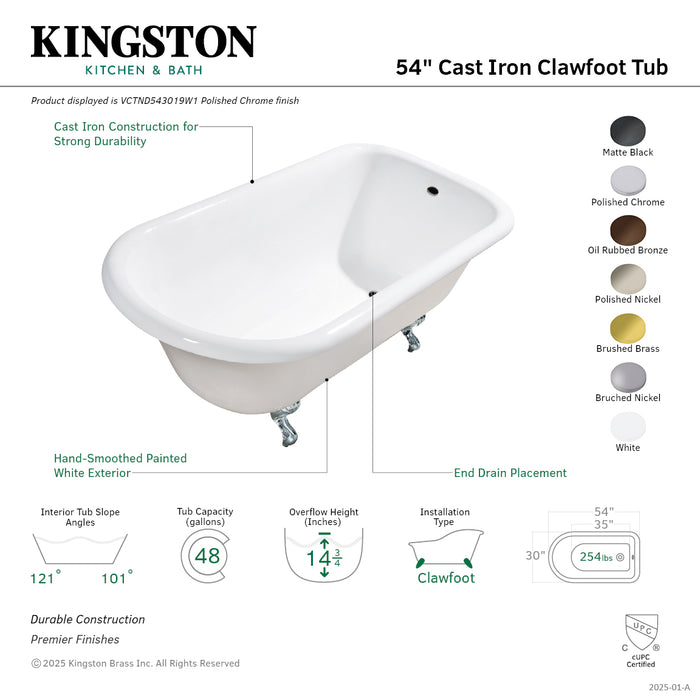 Kingston Heirloom VCTND543019W0 - Aqua Eden 54-Inch Cast Iron Classic Flat-Rim Roll Top Clawfoot Tub (No Faucet Drillings), White/Matte Black