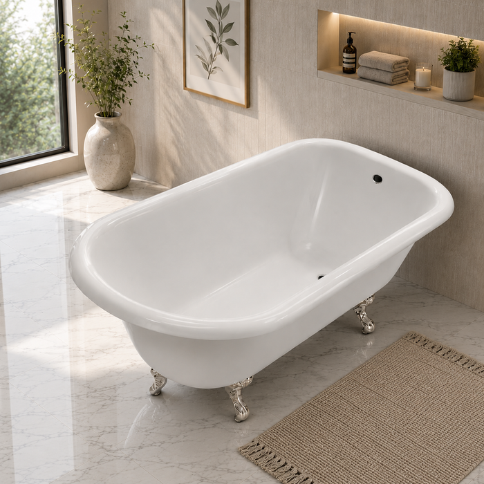 Kingston Heirloom VCTND543019W6 - Aqua Eden 54-Inch Cast Iron Classic Flat-Rim Roll Top Clawfoot Tub (No Faucet Drillings), White/Polished Nickel