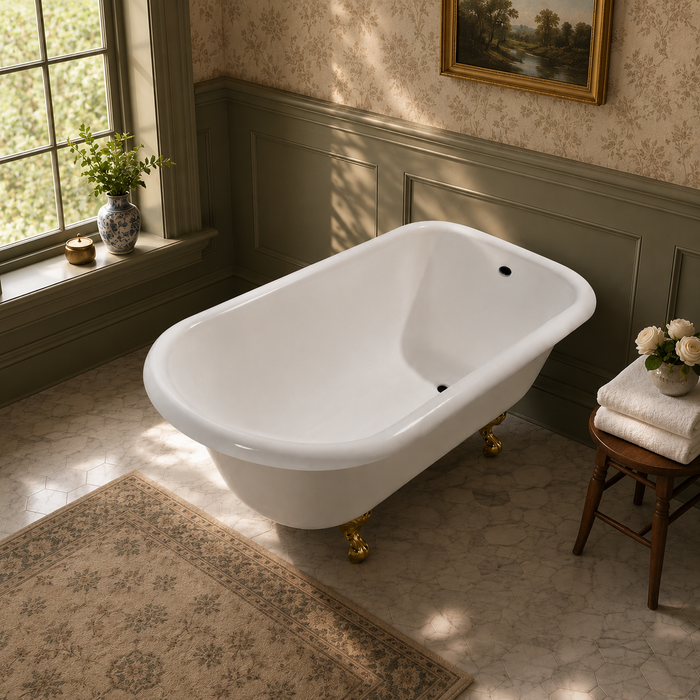 Kingston Heirloom VCTND543019W7 - Aqua Eden 54-Inch Cast Iron Classic Flat-Rim Roll Top Clawfoot Tub (No Faucet Drillings), White/Brushed Brass