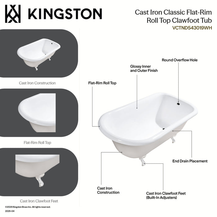 Kingston Heirloom VCTND543019W7 - Aqua Eden 54-Inch Cast Iron Classic Flat-Rim Roll Top Clawfoot Tub (No Faucet Drillings), White/Brushed Brass