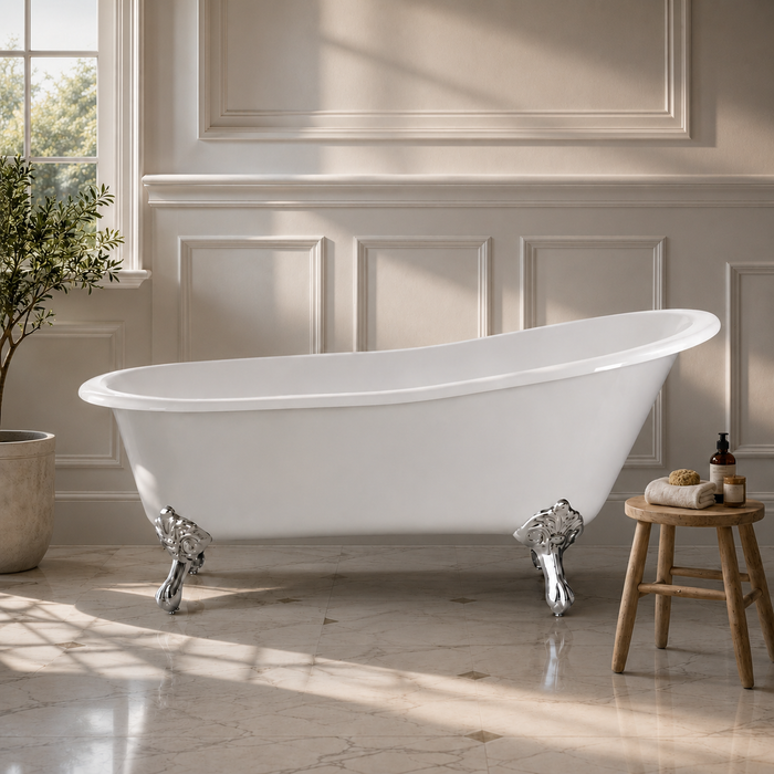 Kingston Heirloom VCTND5431B1 - Tazatina 54-Inch Cast Iron Oval Single Slipper Clawfoot Tub (No Faucet Drillings), White/Polished Chrome