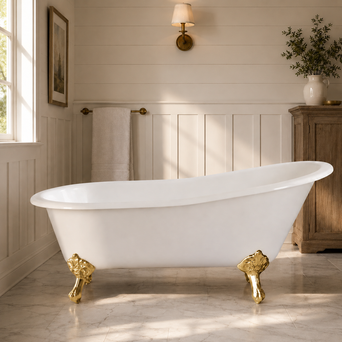 Kingston Heirloom VCTND5431B2 - Tazatina 54-Inch Cast Iron Oval Single Slipper Clawfoot Tub (No Faucet Drillings), White/Polished Brass