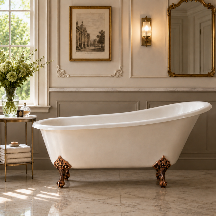 Kingston Heirloom VCTND5431B6 - Tazatina 54-Inch Cast Iron Oval Single Slipper Clawfoot Tub (No Faucet Drillings), White/Naples Bronze