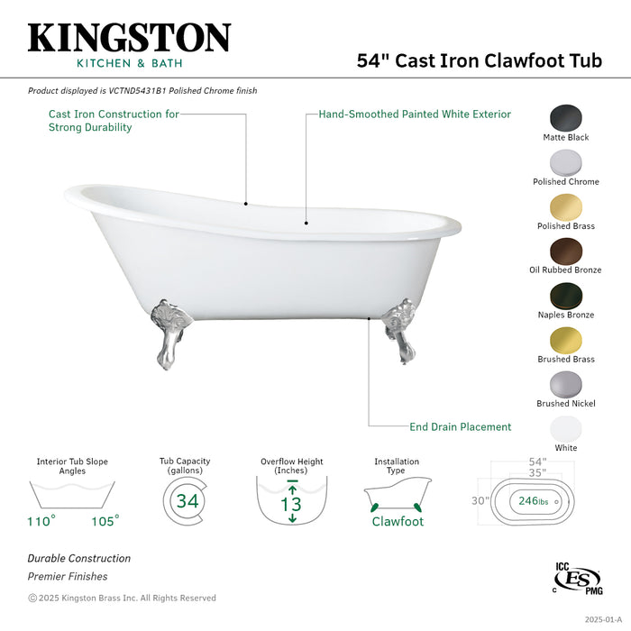 Kingston Heirloom VCTND5431B6 - Tazatina 54-Inch Cast Iron Oval Single Slipper Clawfoot Tub (No Faucet Drillings), White/Naples Bronze