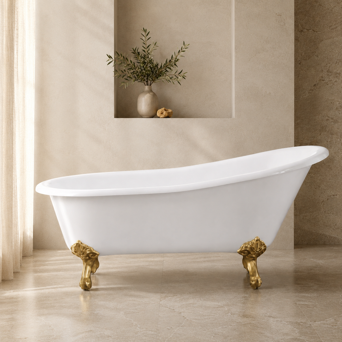Kingston Heirloom VCTND5431B7 - Tazatina 54-Inch Cast Iron Oval Single Slipper Clawfoot Tub (No Faucet Drillings), White/Brushed Brass