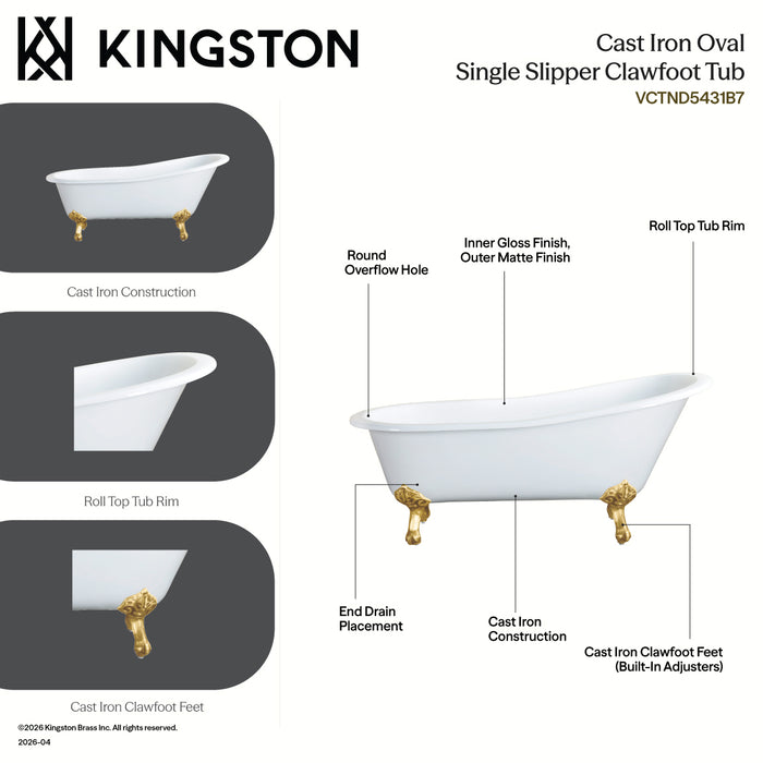 Kingston Heirloom VCTND5431B7 - Tazatina 54-Inch Cast Iron Oval Single Slipper Clawfoot Tub (No Faucet Drillings), White/Brushed Brass