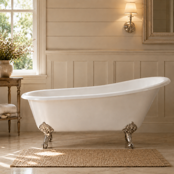 Kingston Heirloom VCTND5431B8 - Tazatina 54-Inch Cast Iron Oval Single Slipper Clawfoot Tub (No Faucet Drillings), White/Brushed Nickel