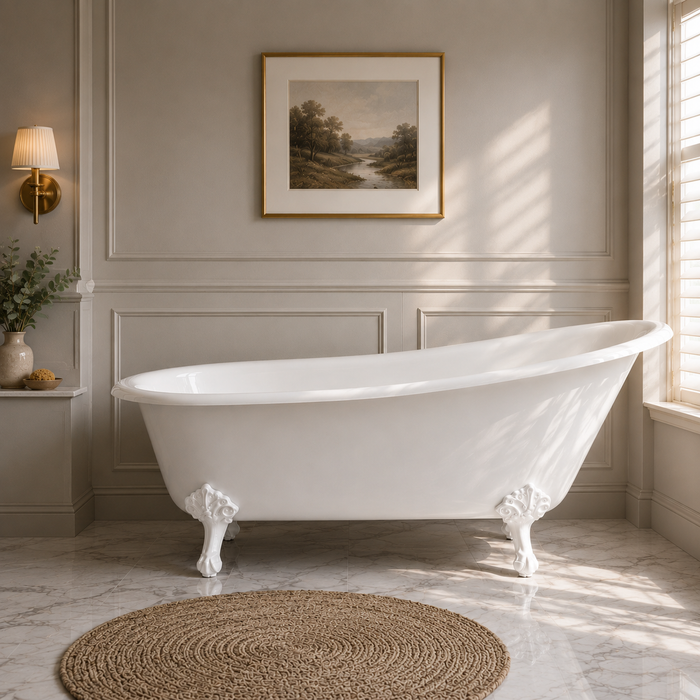 Kingston Heirloom VCTND5431BW - Tazatina 54-Inch Cast Iron Oval Single Slipper Clawfoot Tub (No Faucet Drillings), White/White