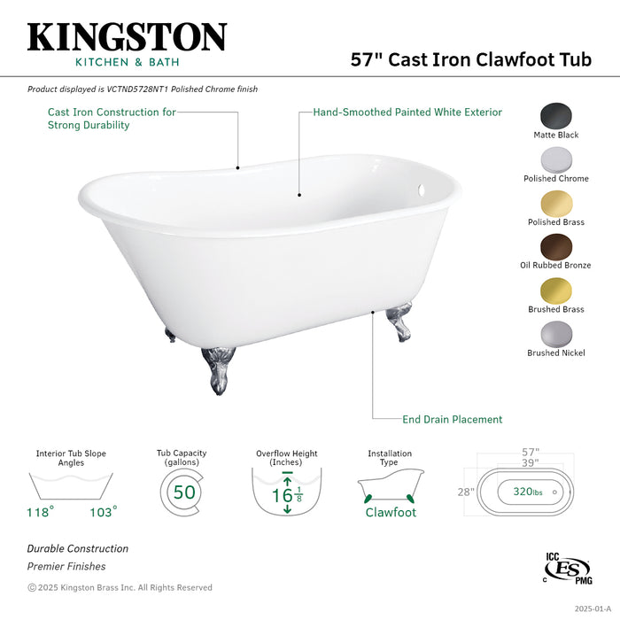 Kingston Heirloom VCTND5728NT0 - Onamia 57-Inch Cast Iron Oval Single Slipper Clawfoot Tub (No Faucet Drillings), White/Matte Black