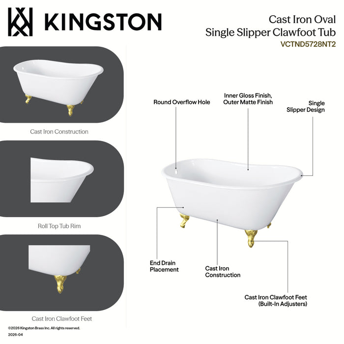 Kingston Heirloom VCTND5728NT7 - Onamia 57-Inch Cast Iron Oval Single Slipper Clawfoot Tub (No Faucet Drillings), White/Brushed Brass