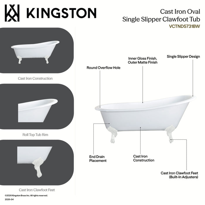 Kingston Heirloom VCTND5731B0 - Tazatina 57-Inch Cast Iron Oval Single Slipper Clawfoot Tub (No Faucet Drillings), White/Matte Black