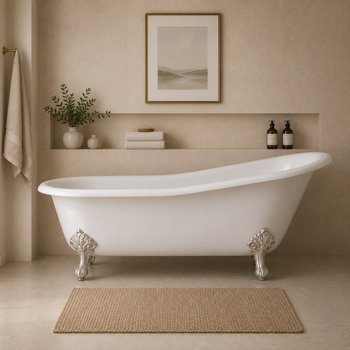 Kingston Heirloom VCTND5731B1 - Tazatina 57-Inch Cast Iron Oval Single Slipper Clawfoot Tub (No Faucet Drillings), White/Polished Chrome