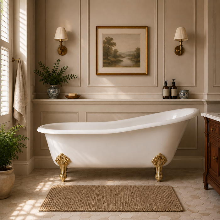 Kingston Heirloom VCTND5731B2 - Tazatina 57-Inch Cast Iron Oval Single Slipper Clawfoot Tub (No Faucet Drillings), White/Polished Brass