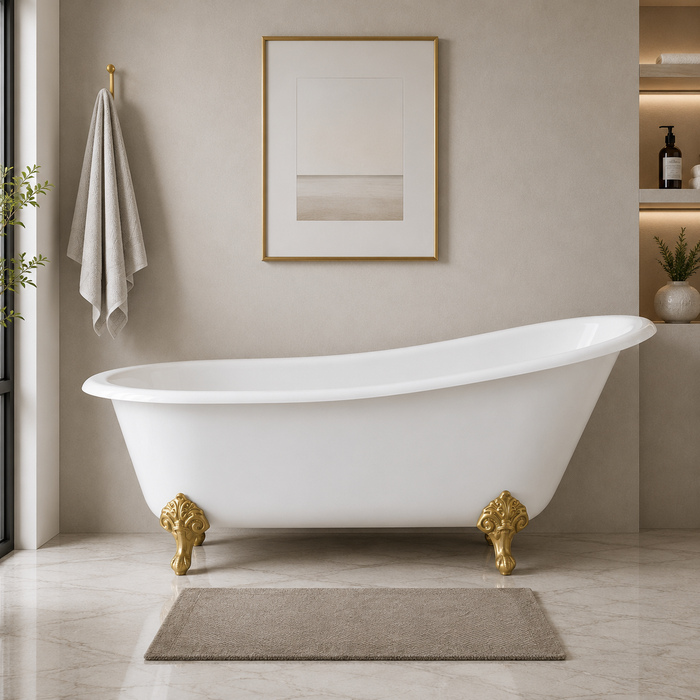 Kingston Heirloom VCTND5731B7 - Tazatina 57-Inch Cast Iron Oval Single Slipper Clawfoot Tub (No Faucet Drillings), White/Brushed Brass