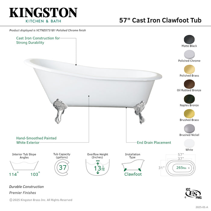 Kingston Heirloom VCTND5731B8 - Tazatina 57-Inch Cast Iron Oval Single Slipper Clawfoot Tub (No Faucet Drillings), White/Brushed Nickel