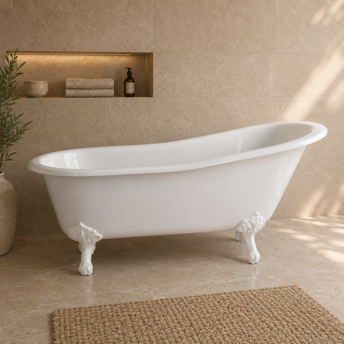 Kingston Heirloom VCTND5731BW - Tazatina 57-Inch Cast Iron Oval Single Slipper Clawfoot Tub (No Faucet Drillings), White/White