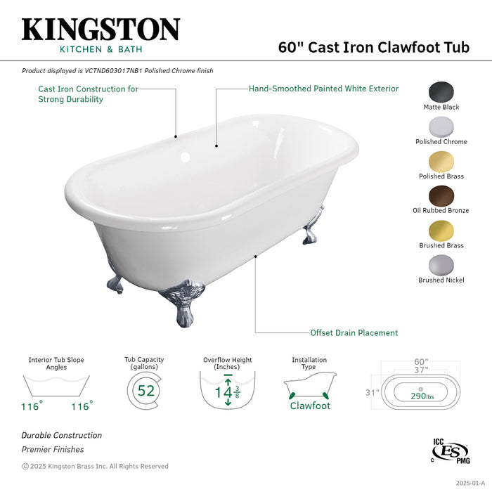 Kingston Heirloom VCTND603017NB5 - Aqua Eden 60-Inch Cast Iron Oval Double Ended Clawfoot Tub (No Faucet Drillings), White/Oil Rubbed Bronze