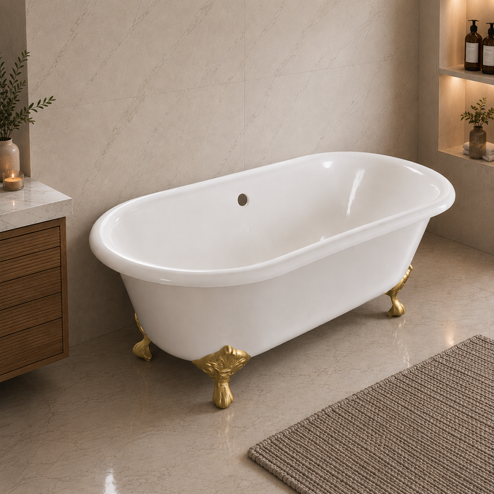 Kingston Heirloom VCTND603017NB7 - Aqua Eden 60-Inch Cast Iron Oval Double Ended Clawfoot Tub (No Faucet Drillings), White/Brushed Brass
