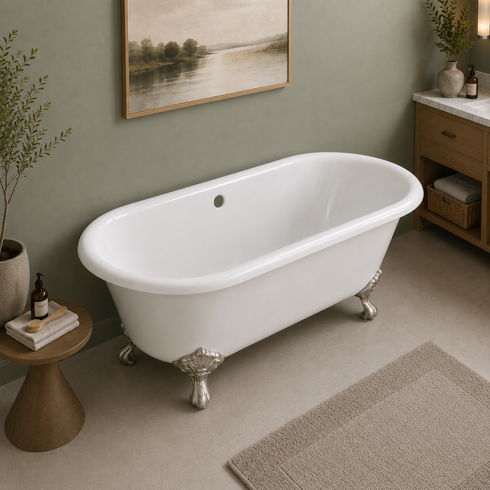 Kingston Heirloom VCTND603017NB8 - Aqua Eden 60-Inch Cast Iron Oval Double Ended Clawfoot Tub (No Faucet Drillings), White/Brushed Nickel