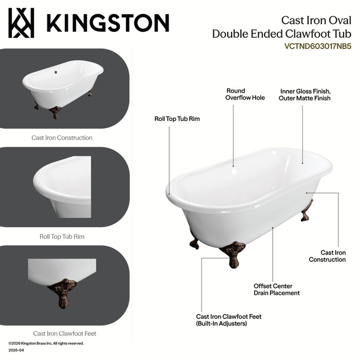 Kingston Heirloom VCTND603017NB8 - Aqua Eden 60-Inch Cast Iron Oval Double Ended Clawfoot Tub (No Faucet Drillings), White/Brushed Nickel