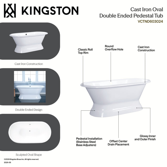 Kingston Heirloom VCTND603024 - Aqua Eden 60-Inch Cast Iron Oval Double Ended Pedestal Tub (No Faucet Drillings), White