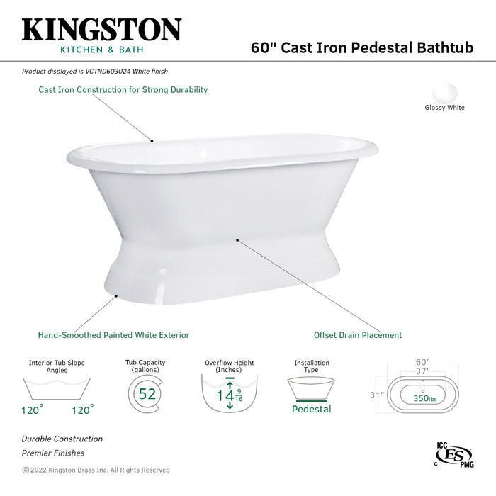 Aqua Eden VCTND603024 60-Inch Cast Iron Oval Double Ended Pedestal Tub (No Faucet Drillings), White