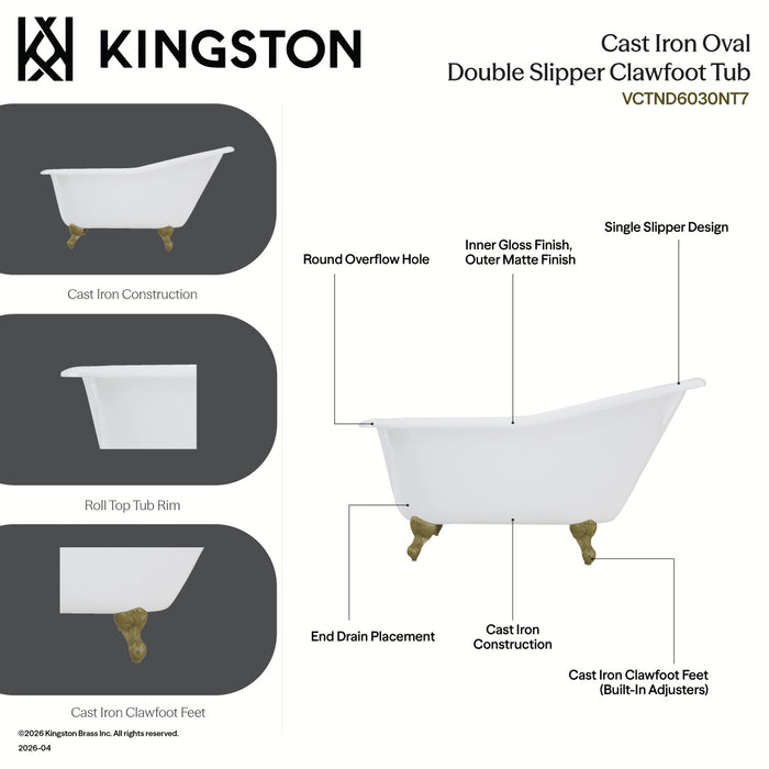 Kingston Heirloom VCTND6030NT2 - Aqua Eden 60-Inch Cast Iron Oval Single Slipper Clawfoot Tub (No Faucet Drillings), White/Polished Brass