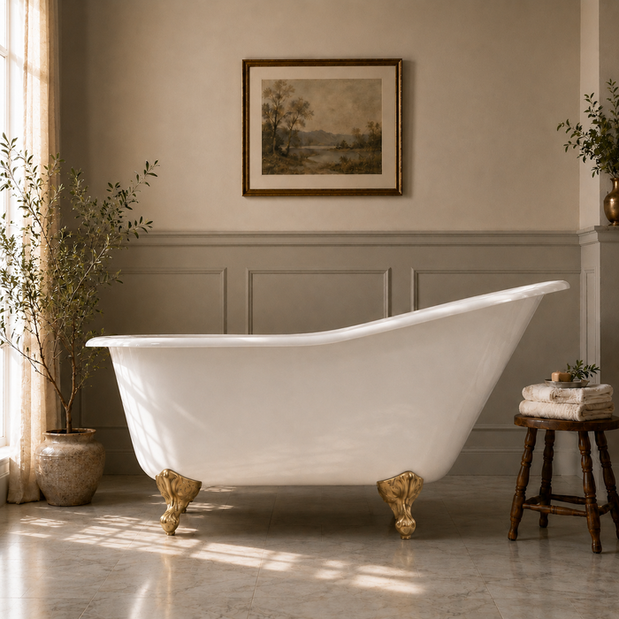 Kingston Heirloom VCTND6030NT7 - Aqua Eden 60-Inch Cast Iron Oval Single Slipper Clawfoot Tub (No Faucet Drillings), White/Brushed Brass