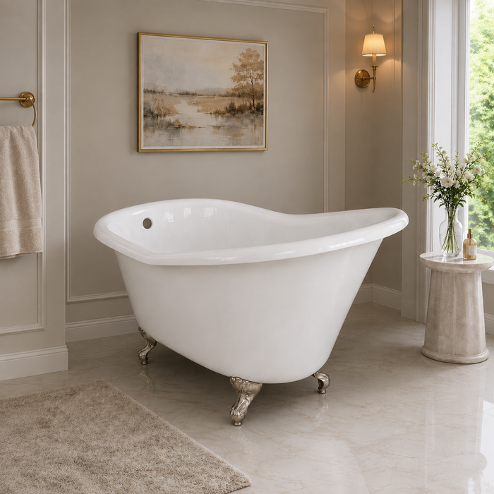 Kingston Heirloom VCTND6030NT8 - Aqua Eden 60-Inch Cast Iron Oval Single Slipper Clawfoot Tub (No Faucet Drillings), White/Brushed Nickel