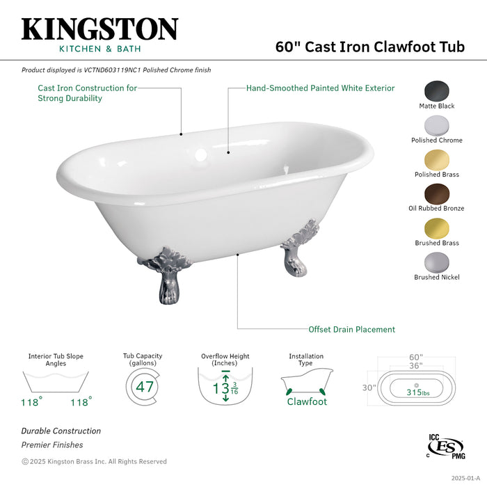 Aqua Eden VCTND603119NC0 60-Inch Cast Iron Oval Double Ended Clawfoot Tub (No Faucet Drillings), White/Matte Black