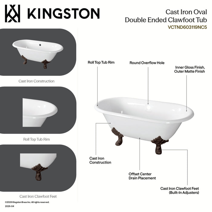Kingston Heirloom VCTND603119NC2 - Aqua Eden 60-Inch Cast Iron Oval Double Ended Clawfoot Tub (No Faucet Drillings), White/Polished Brass