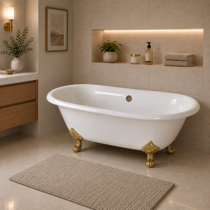 Kingston Heirloom VCTND603119NC7 - Aqua Eden 60-Inch Cast Iron Oval Double Ended Clawfoot Tub (No Faucet Drillings), White/Brushed Brass