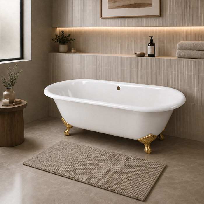 Kingston Heirloom VCTND663013NB7 - Aqua Eden 66-Inch Cast Iron Oval Double Ended Clawfoot Tub (No Faucet Drillings), White/Brushed Brass