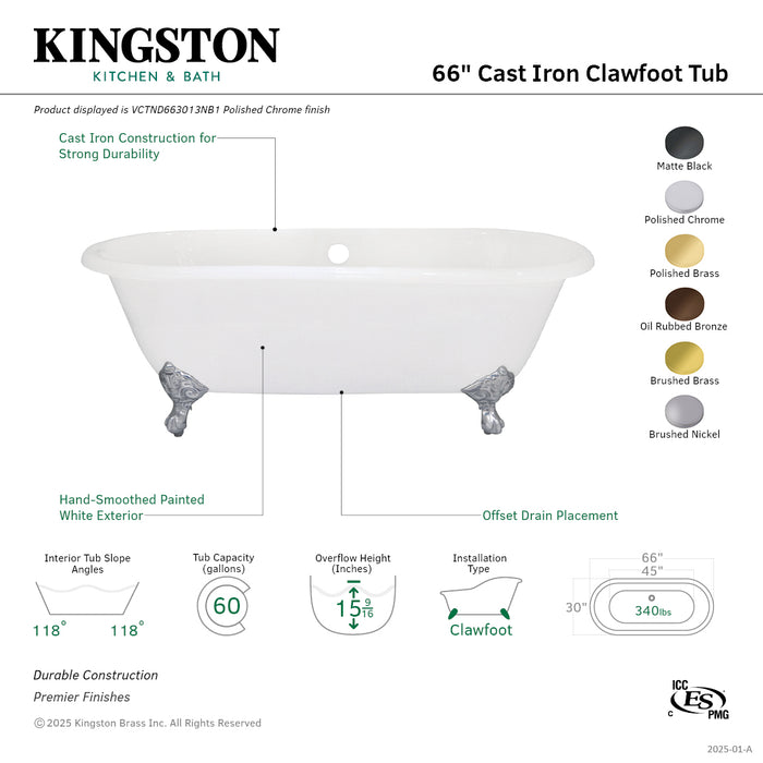 Aqua Eden VCTND663013NB7 66-Inch Cast Iron Oval Double Ended Clawfoot Tub (No Faucet Drillings), White/Brushed Brass