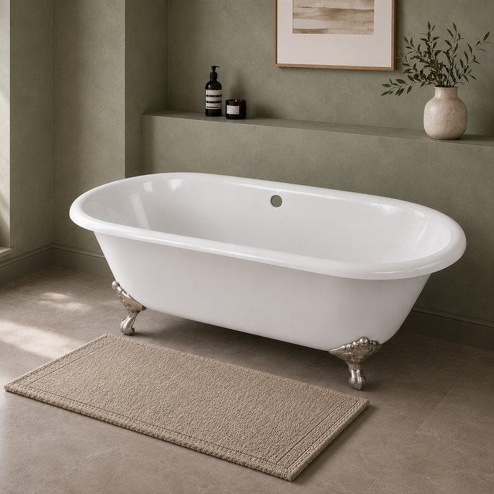 Kingston Heirloom VCTND663013NB8 - Aqua Eden 66-Inch Cast Iron Oval Double Ended Clawfoot Tub (No Faucet Drillings), White/Brushed Nickel