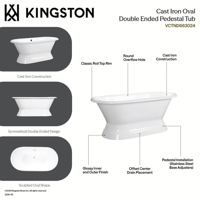 Kingston Heirloom VCTND663024 - Aqua Eden 66-Inch Cast Iron Oval Double Ended Pedestal Tub (No Faucet Drillings), White
