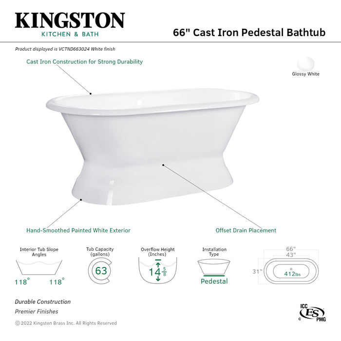 Kingston Heirloom VCTND663024 - Aqua Eden 66-Inch Cast Iron Oval Double Ended Pedestal Tub (No Faucet Drillings), White